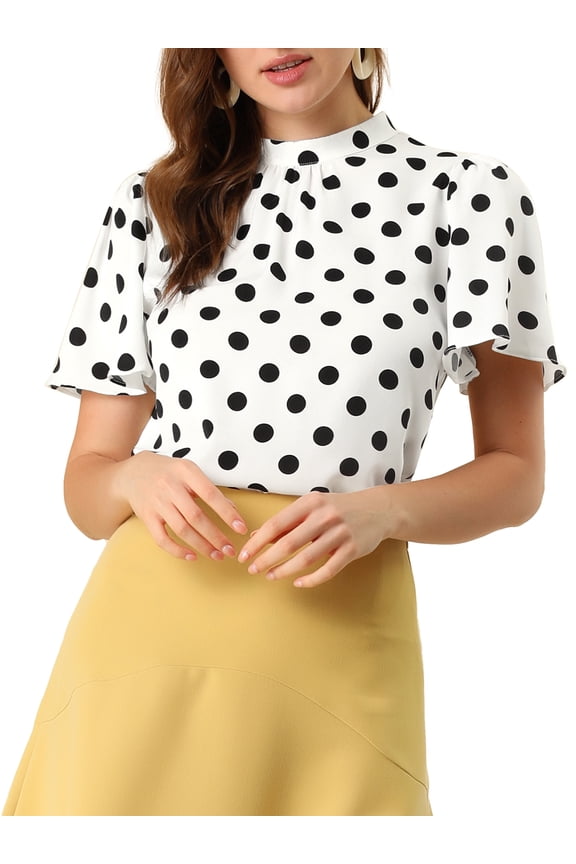 Polka Dots Stand Collar Short Flare Sleeve Top L White Black