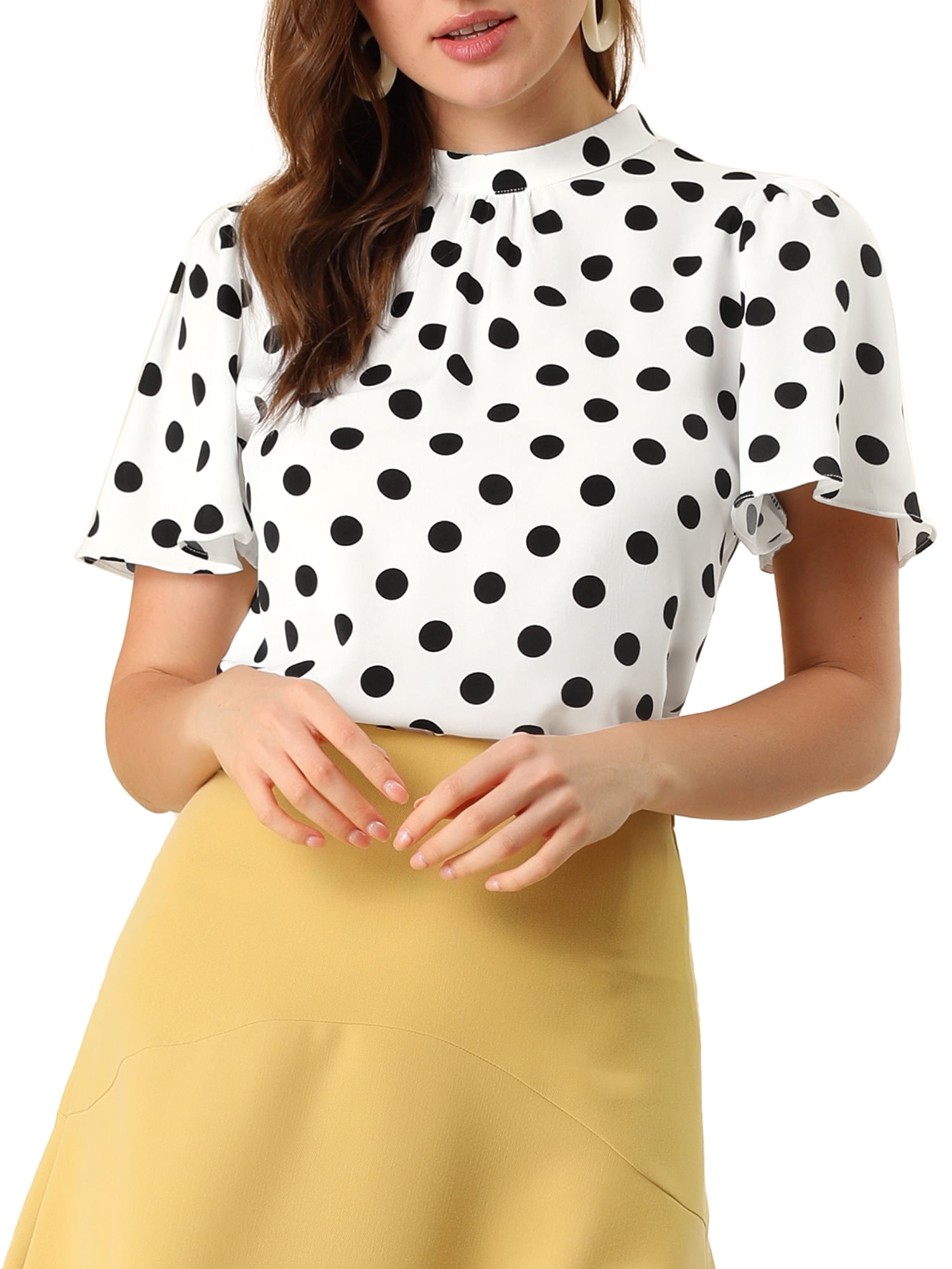 DARING DIVA Polka Dots Stand Collar Short Flare Sleeve Top M White Black