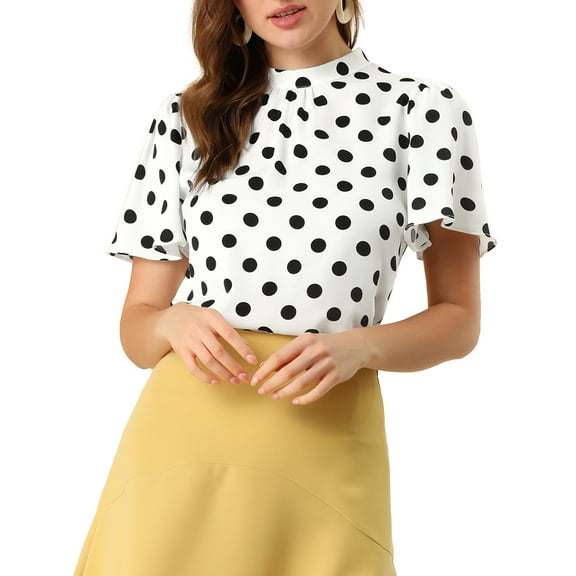 DARING DIVA Polka Dots Stand Collar Short Flare Sleeve Top XS White Black