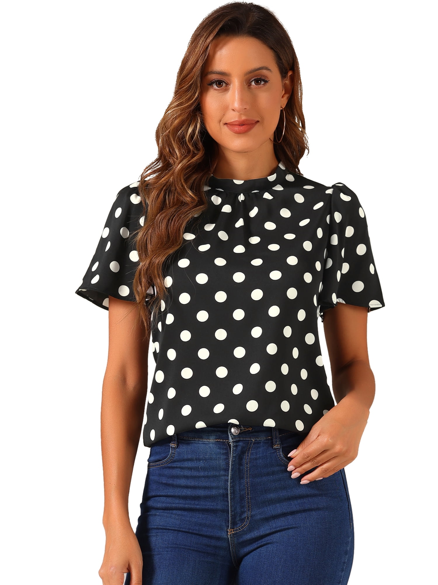 DARING DIVA Polka Dots Stand Collar Short Sleeve Top L Black