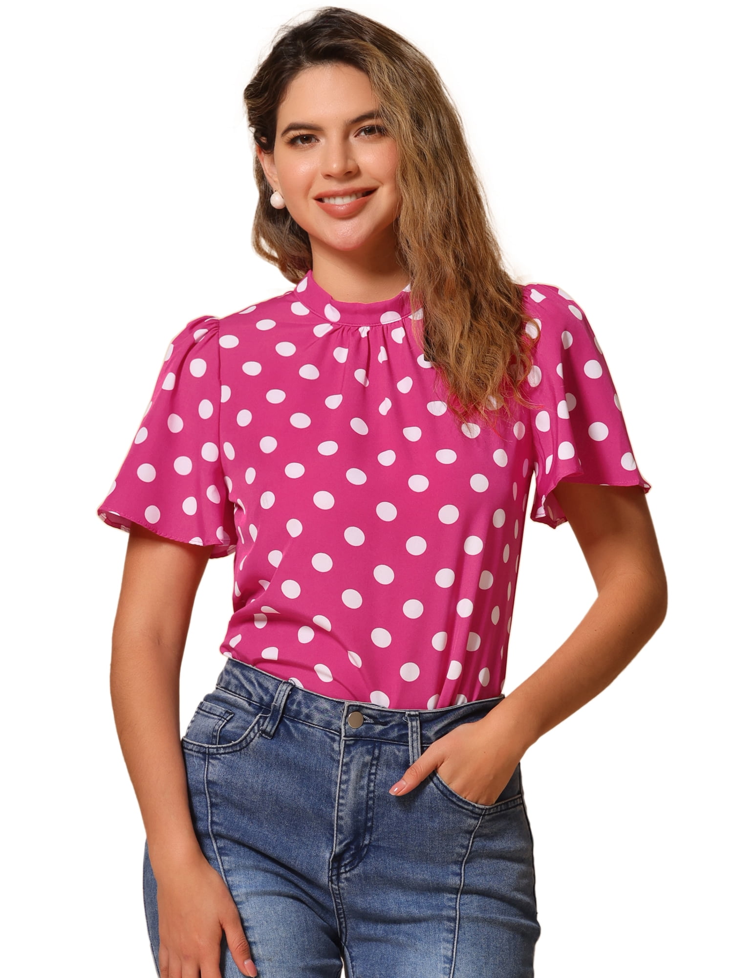 DARING DIVA Polka Dots Stand Collar Short Sleeve Top S Hot Pink