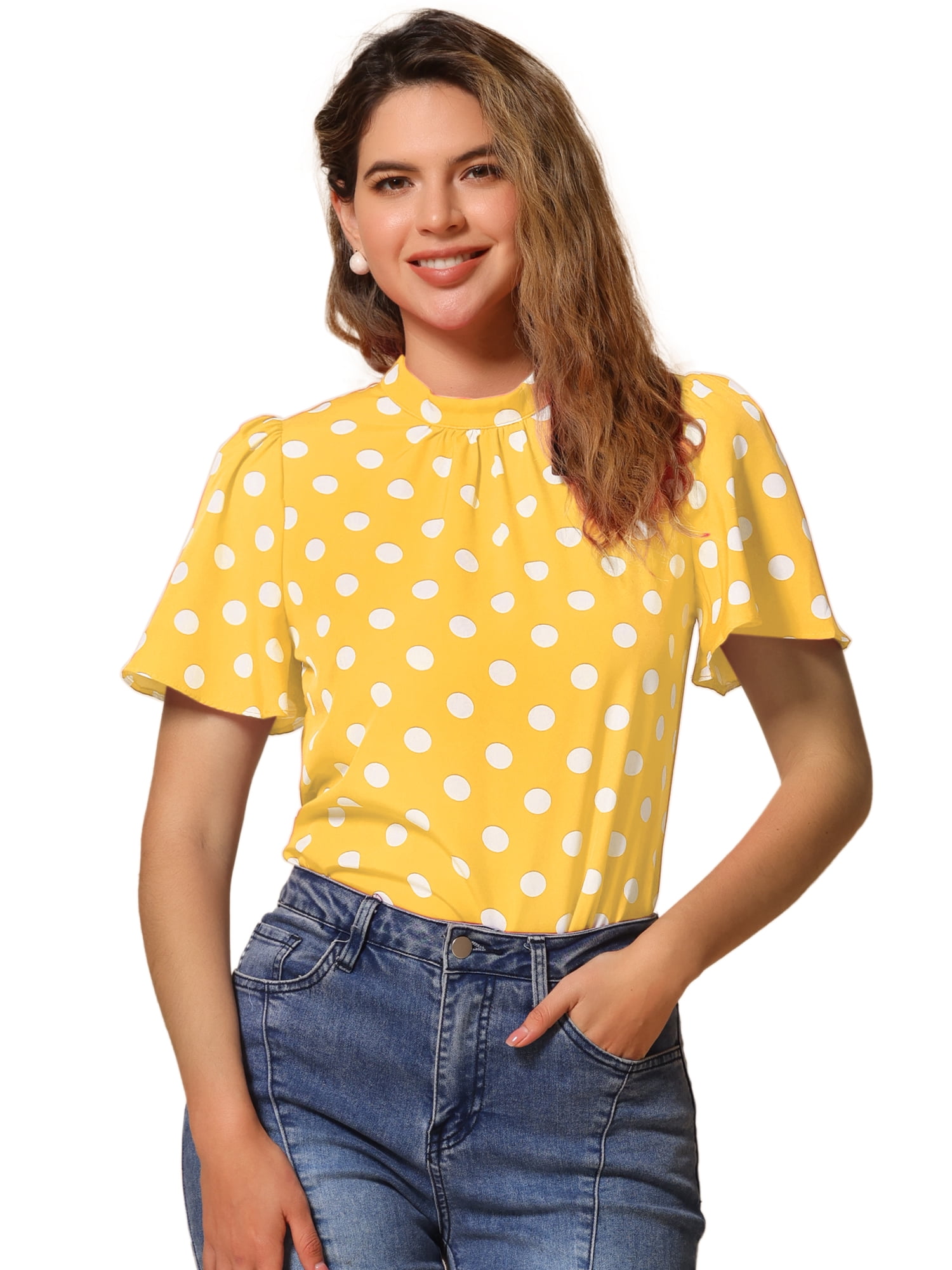DARING DIVA Polka Dots Stand Collar Short Sleeve Top XS Yellow