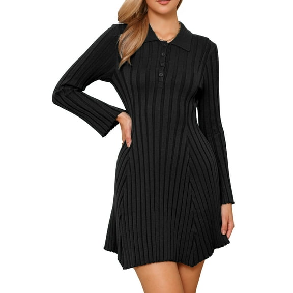 DARING DIVA Polo Sweater Chunky Button Down Long Sleeve Dress M Black