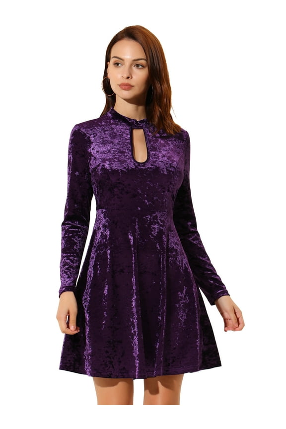 Prom Choker Neck High Waist Velvet Mini Dress L Purple