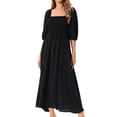 thumbnail image 1 of DARING DIVA Puff Half Sleeve Square Neck Smocked Flowy Maxi Dress L Black, 1 of 7