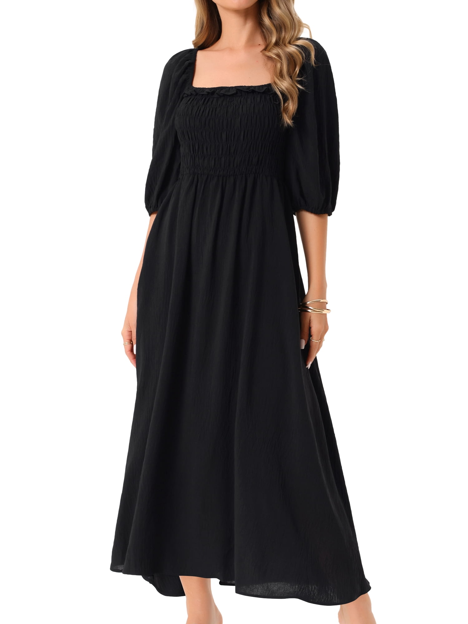 DARING DIVA Puff Half Sleeve Square Neck Smocked Flowy Maxi Dress XL Black