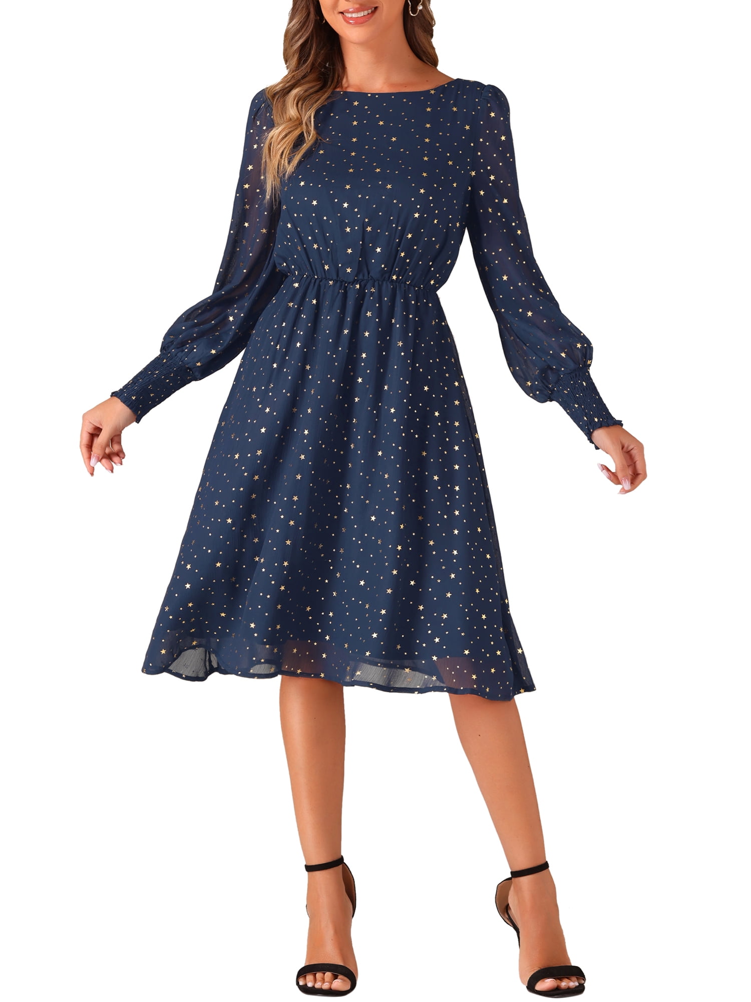 DARING DIVA Puff Long Sleeve Elastic Waist Mesh Dress M Dark Blue