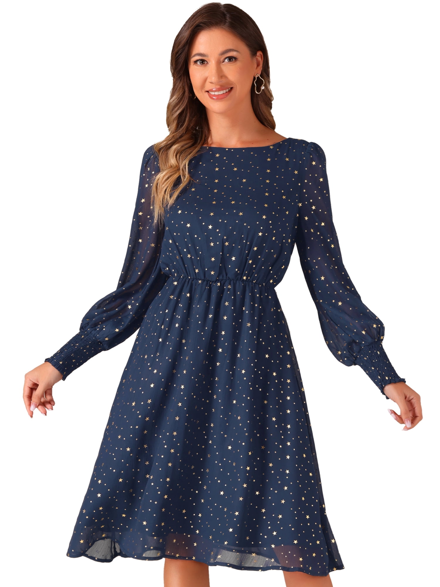 DARING DIVA Puff Long Sleeve Elastic Waist Mesh Dress S Dark Blue