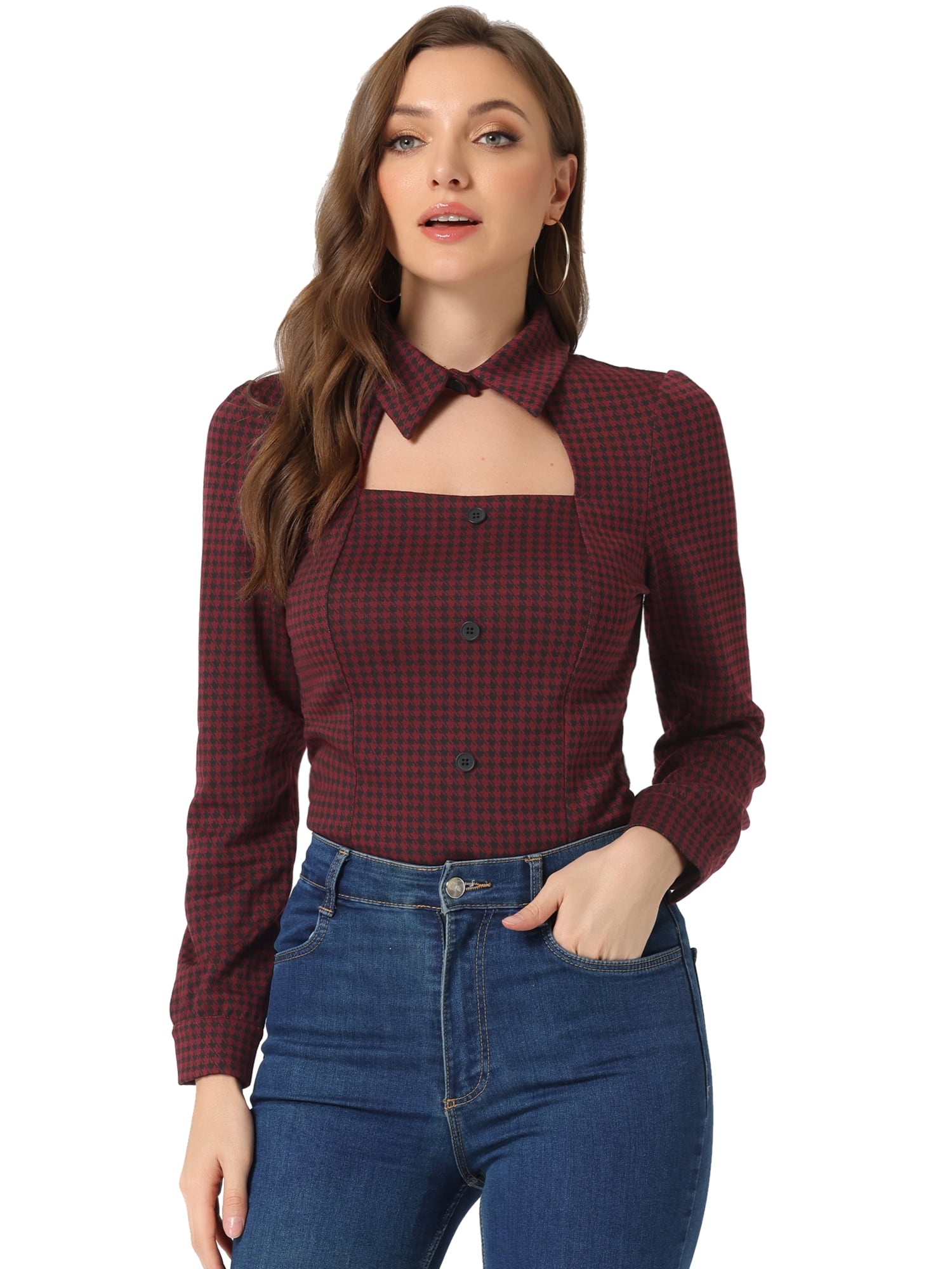 DARING DIVA Puff Long Sleeve Elegant Blouse Top L Dark Red