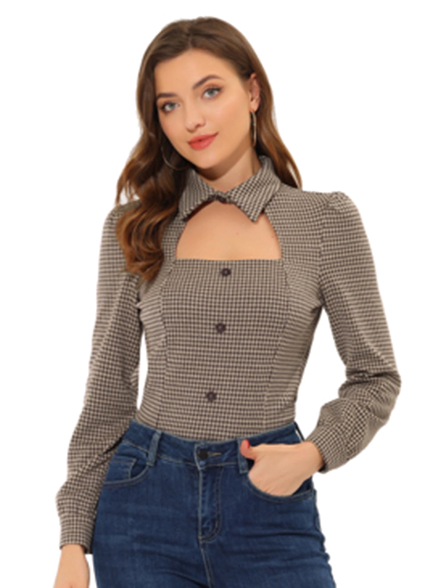 DARING DIVA Puff Long Sleeve Elegant Blouse Top XS Brown