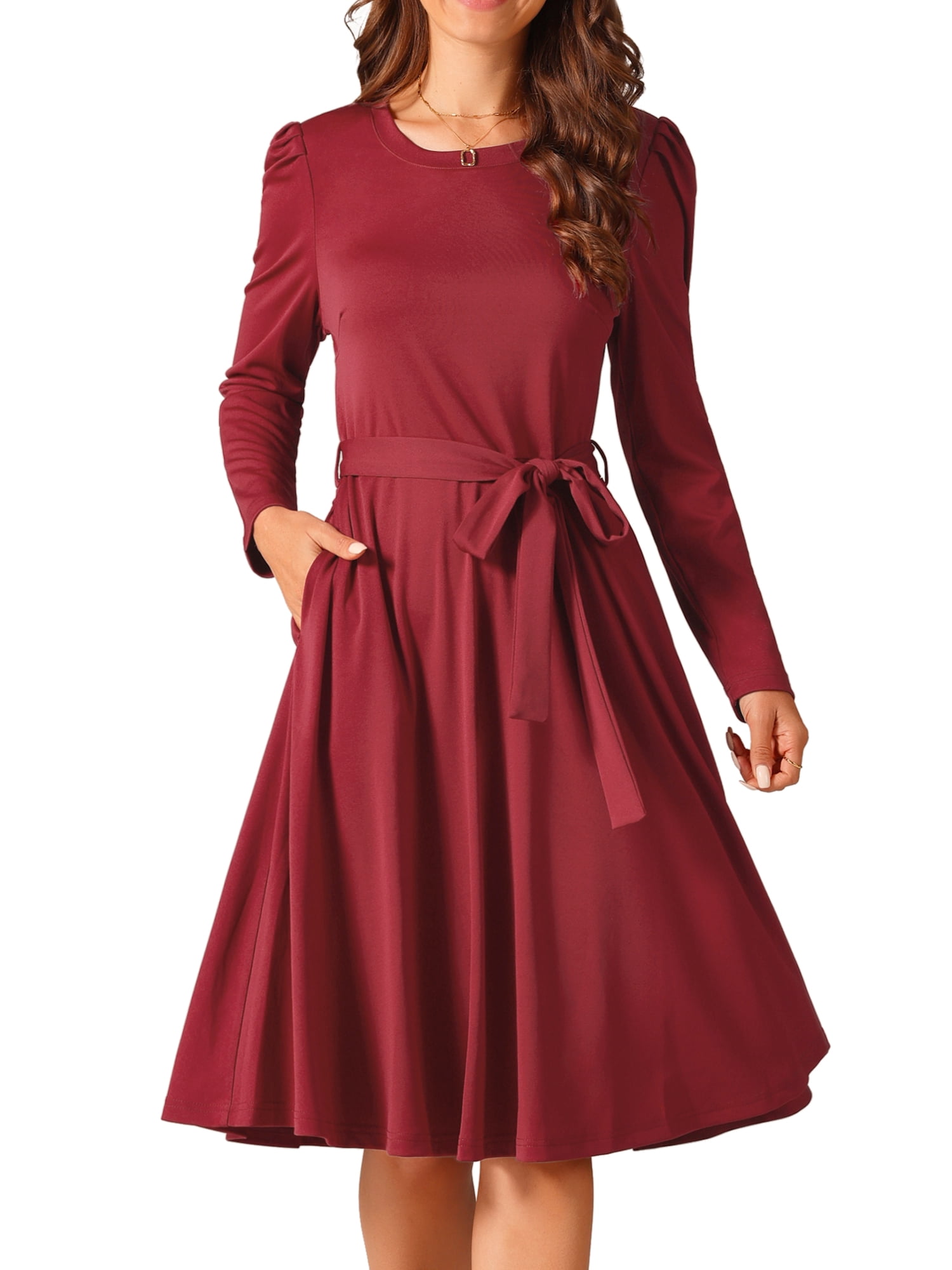 DARING DIVA Puff Long Sleeve Tie Waist Knee Length Dress S Wine Red