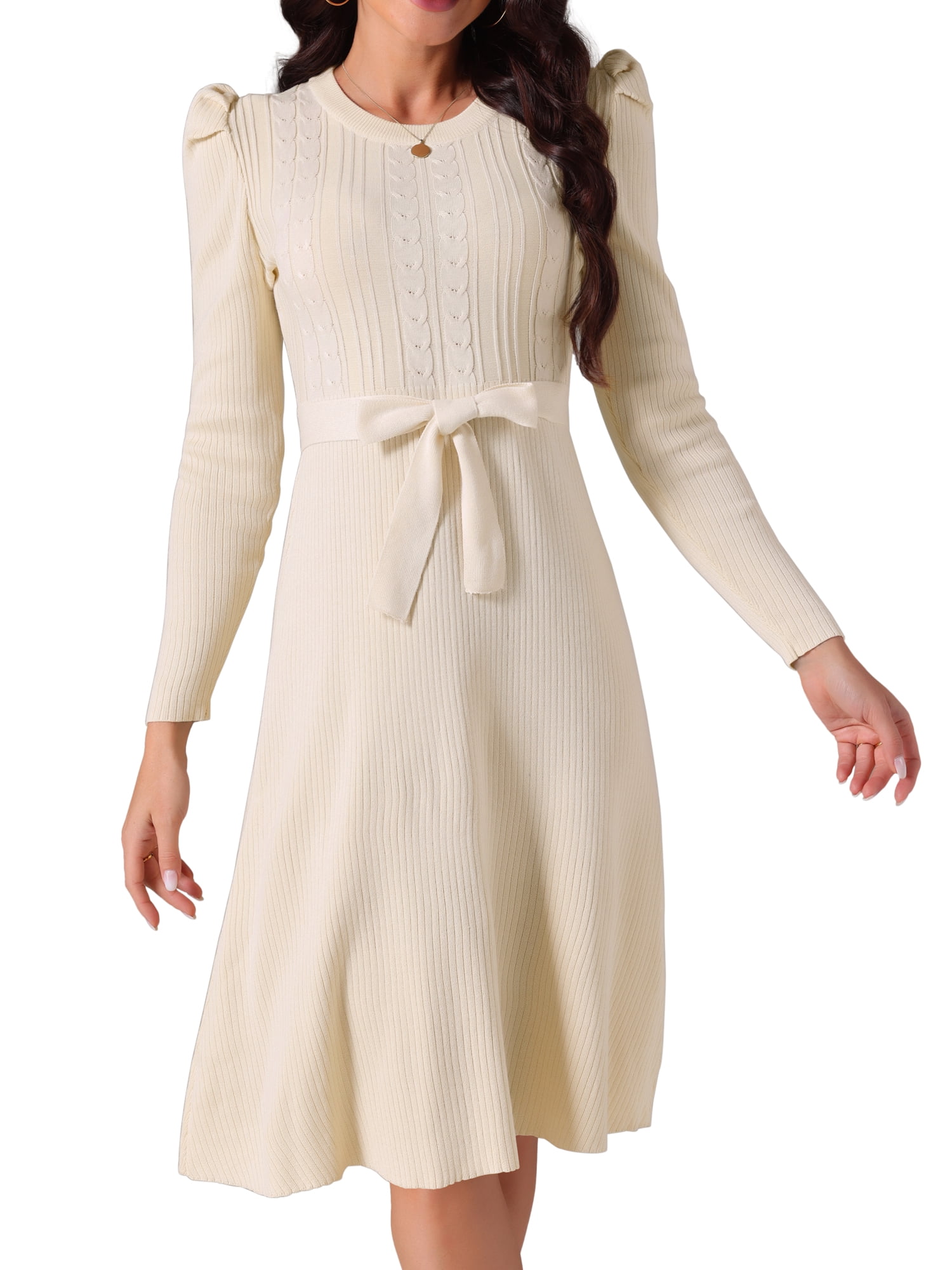 DARING DIVA Puff Long Sleeve Tie Waist Midi Sweater Dress XL Apricot
