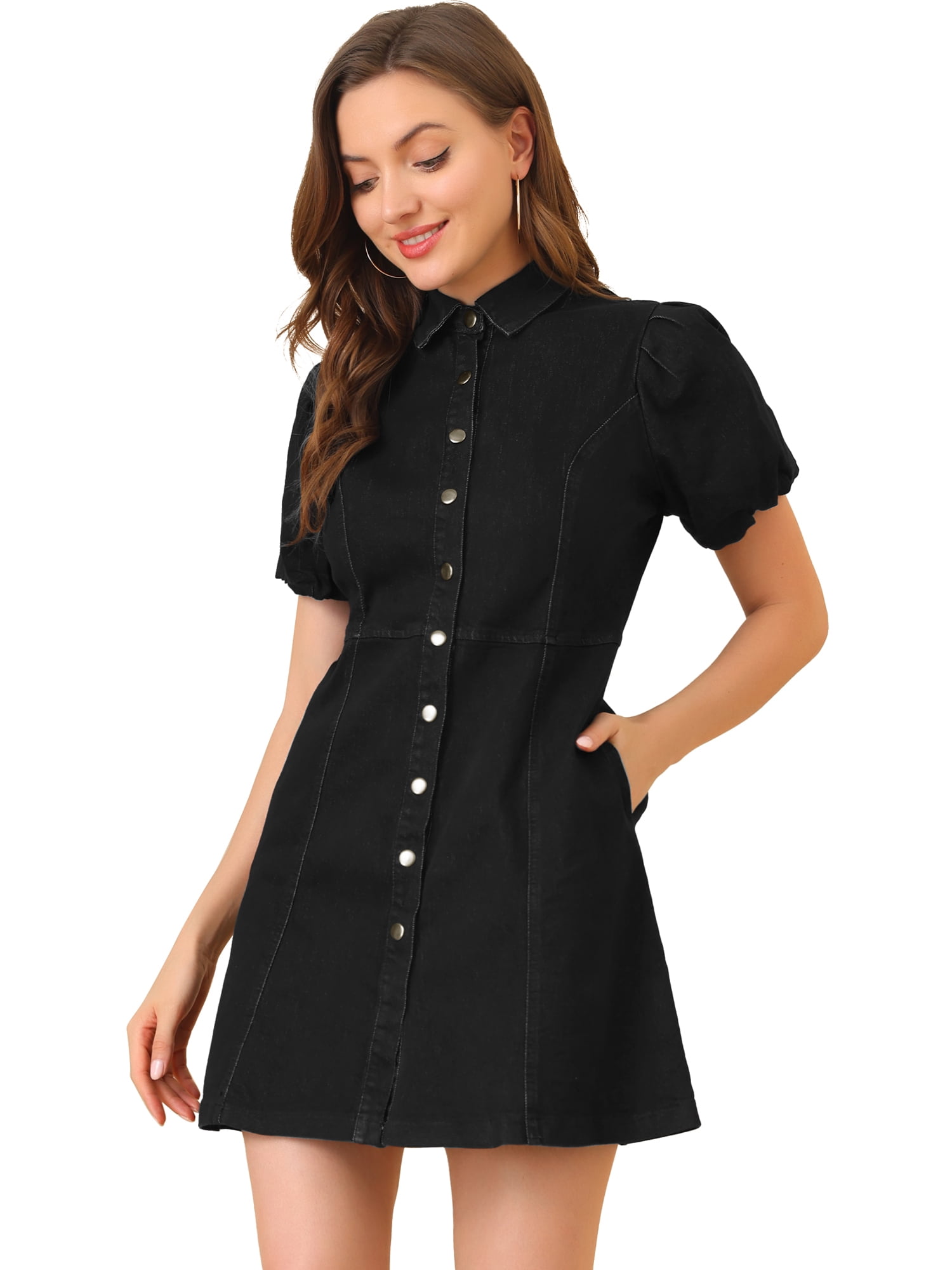 DARING DIVA Puff Short Sleeve Button Front Mini Jean Denim Dress 3XL Black