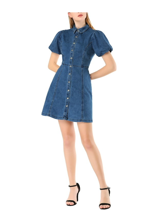 Puff Short Sleeve Button Front Mini Jean Denim Dress S Dark Blue