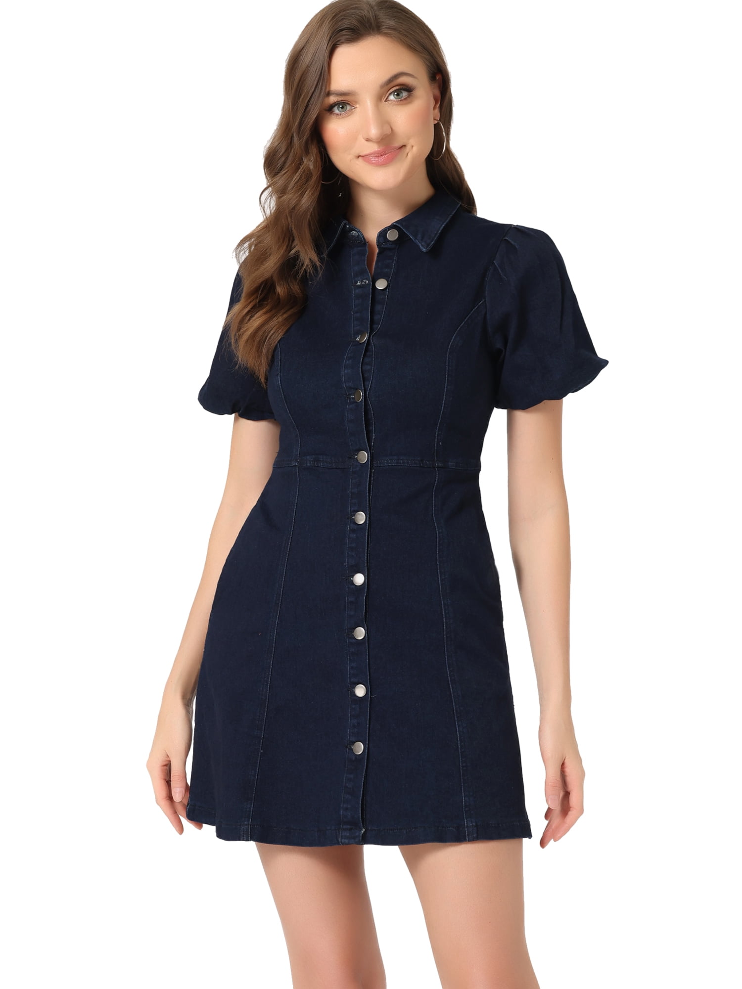 DARING DIVA Puff Short Sleeve Button Front Mini Jean Denim Dress S Deep Blue