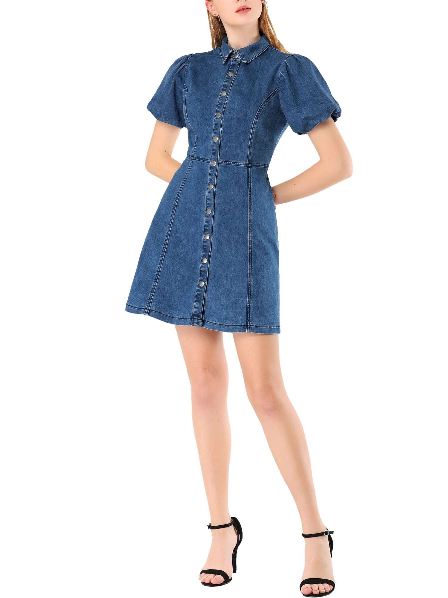 DARING DIVA Puff Short Sleeve Button Front Mini Jean Denim Dress XL Dark Blue