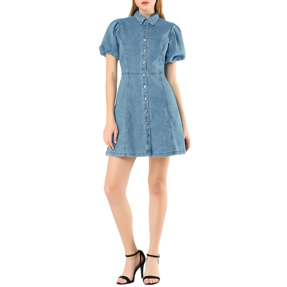 DARING DIVA Puff Short Sleeve Button Front Mini Jean Denim Dress XL Light Blue