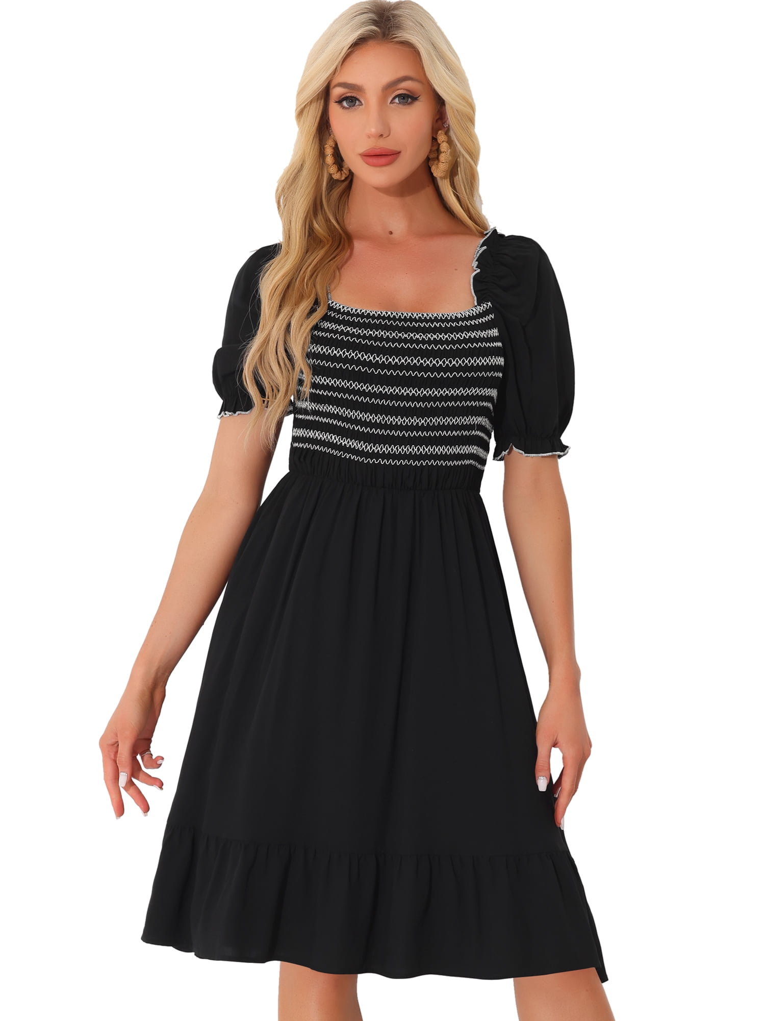 DARING DIVA Puff Short Sleeve Ruffle Smocked Blouse XL Black