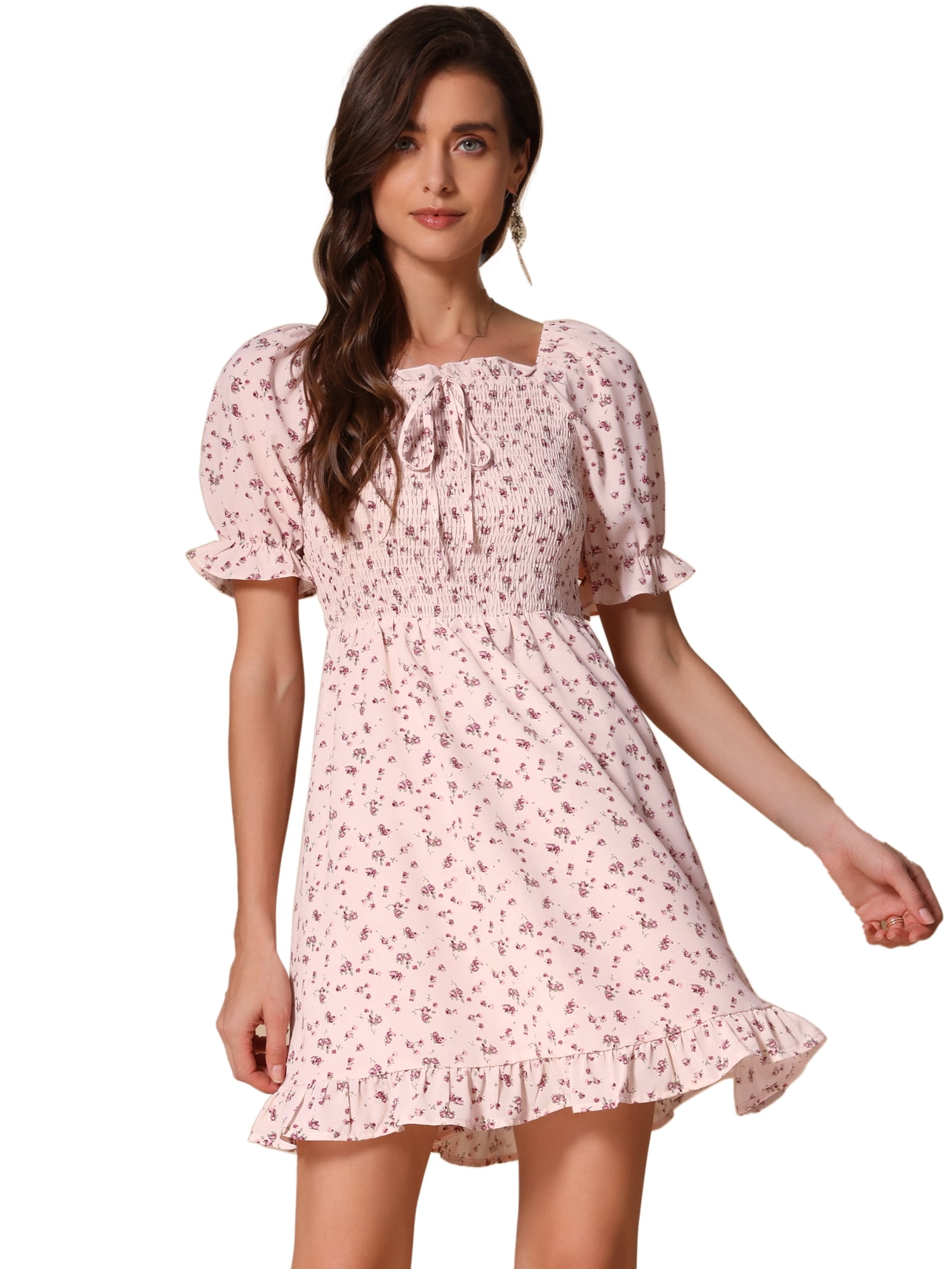 DARING DIVA Puff Sleeve Back Smocked Sweetheart Neck Ruffled Hem Dress M Light Pink