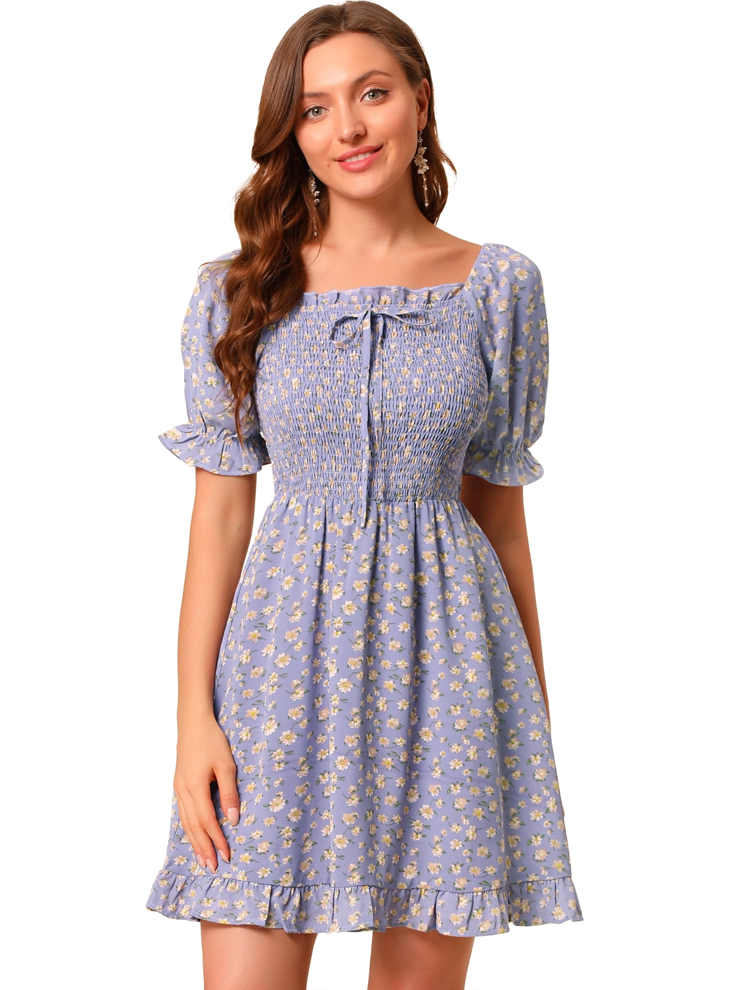 DARING DIVA Puff Sleeve Back Smocked Sweetheart Neck Ruffled Hem Dress S Purple