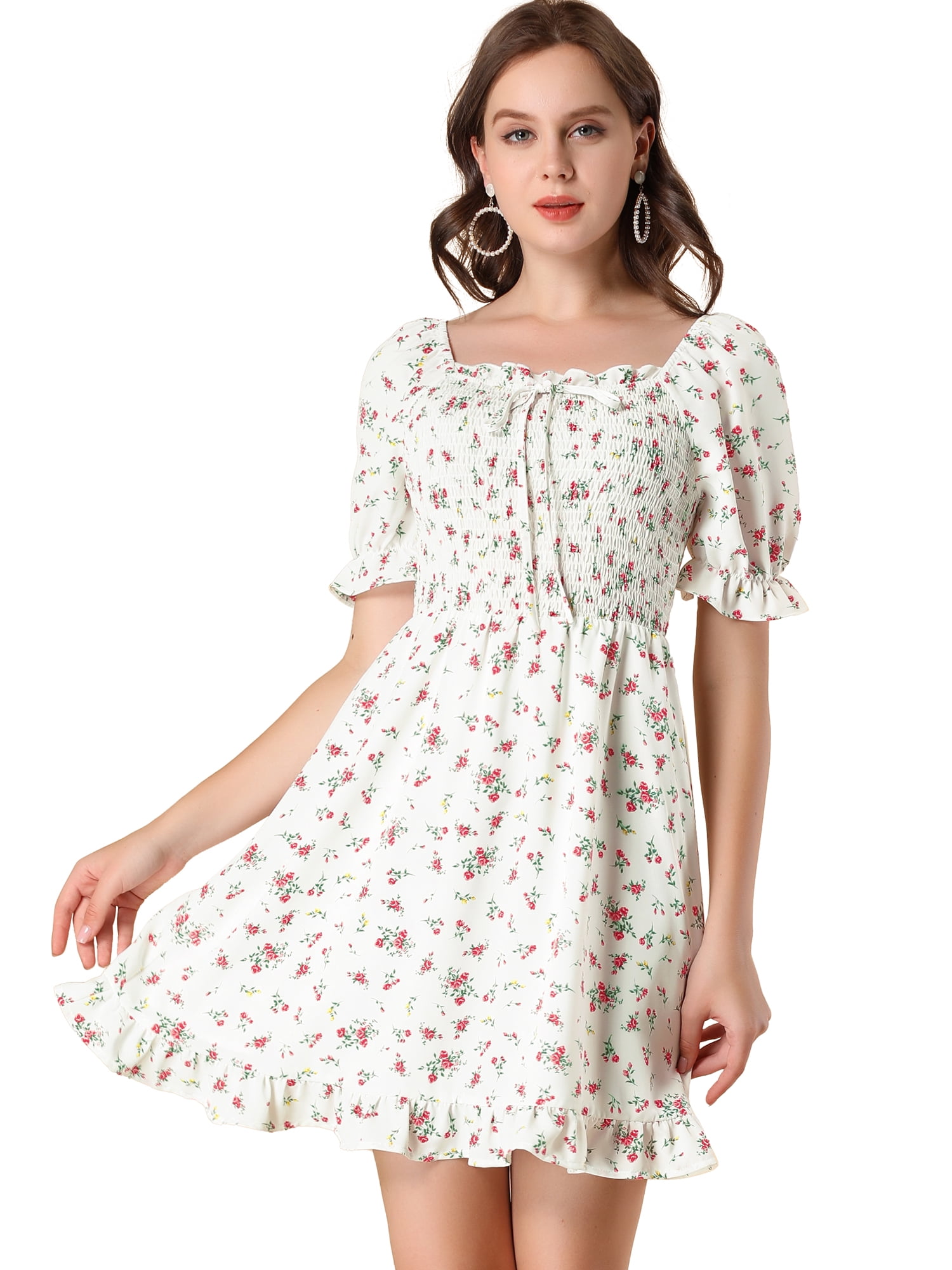 DARING DIVA Puff Sleeve Back Smocked Sweetheart Neck Ruffled Hem Dress XL White