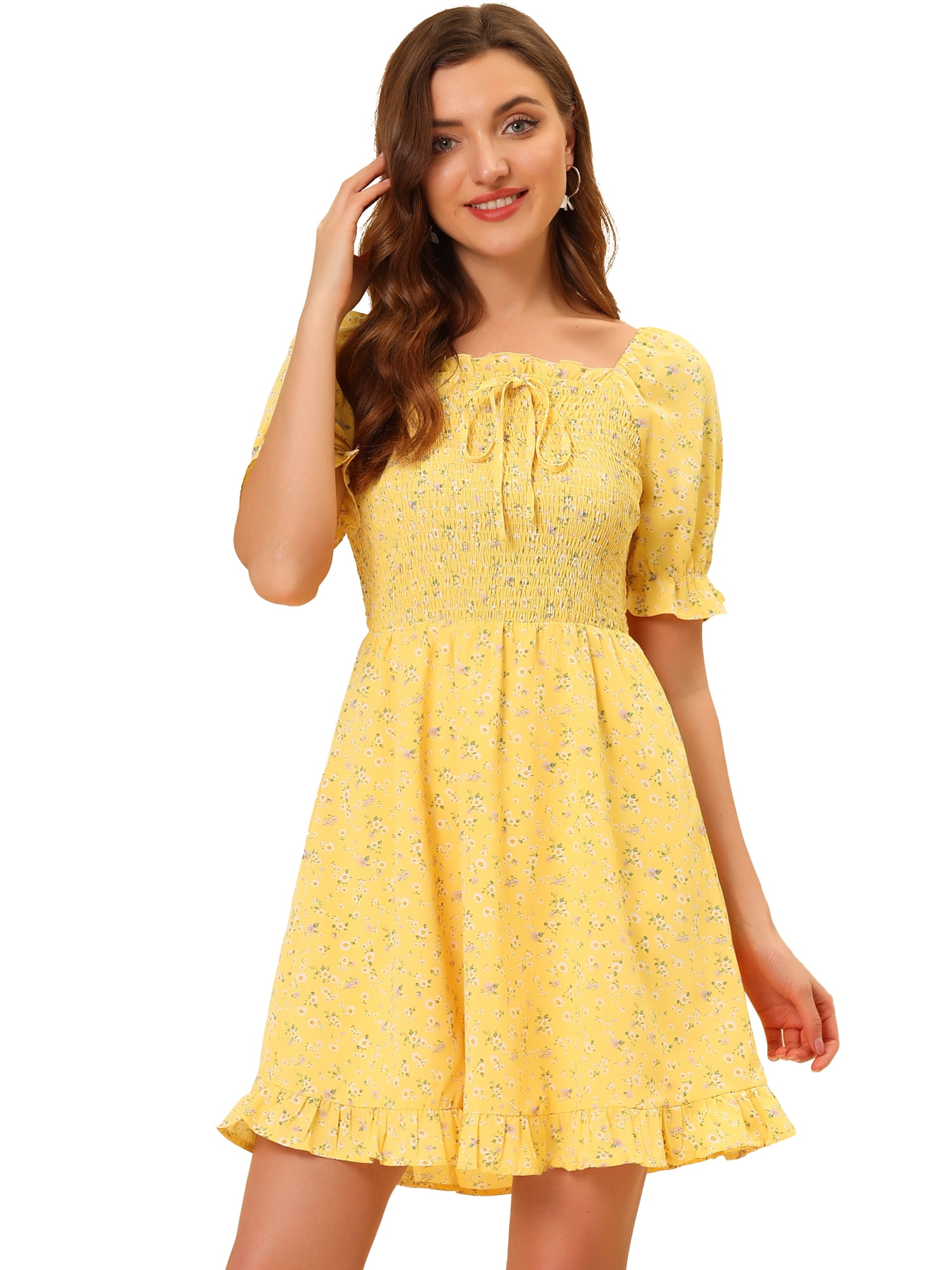 DARING DIVA Puff Sleeve Back Smocked Sweetheart Neck Ruffled Hem Dress XL Yellow