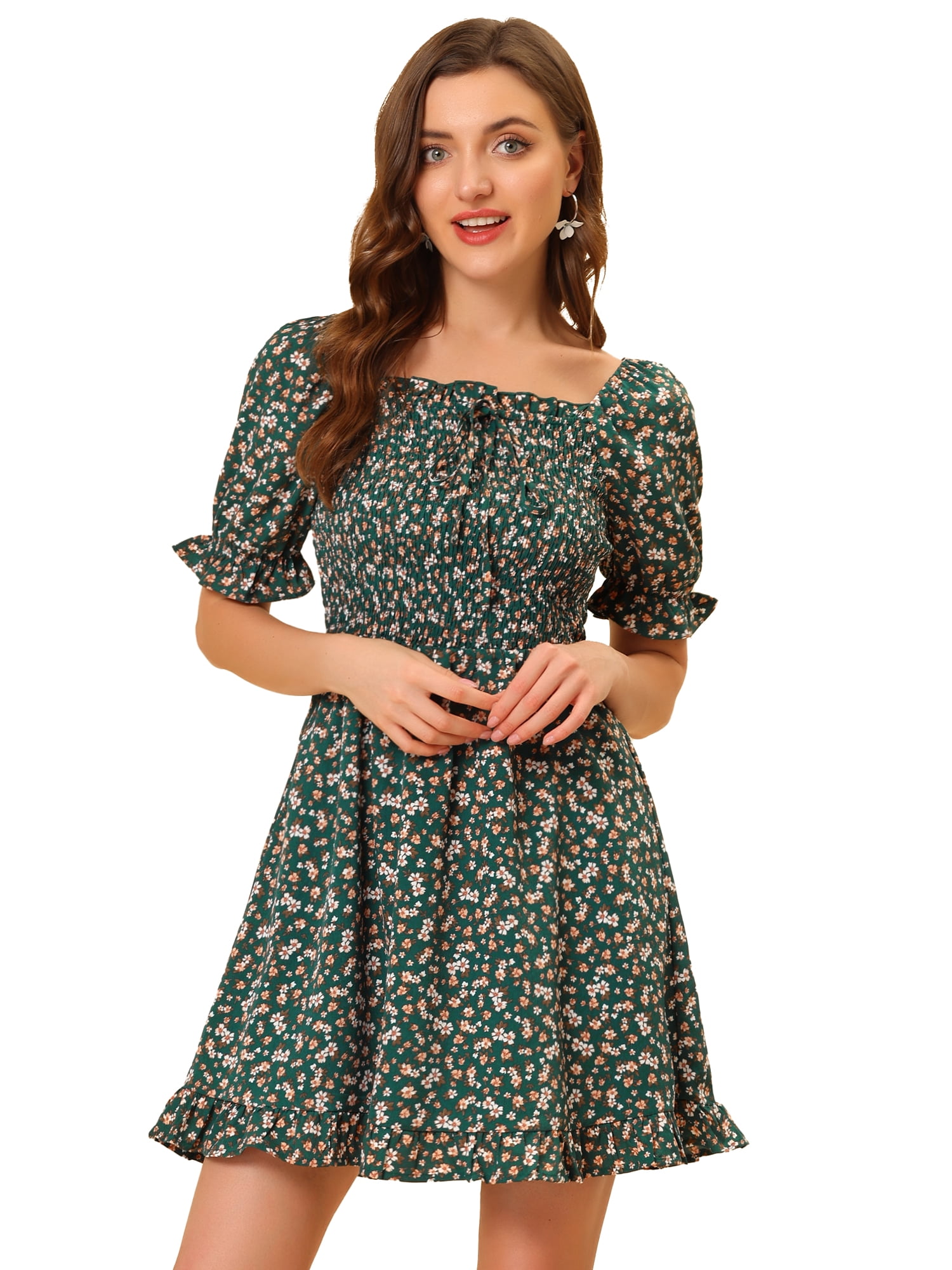 DARING DIVA Puff Sleeve Back Smocked Sweetheart Neck Ruffled Hem Dress ...