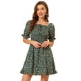 thumbnail image 1 of DARING DIVA Puff Sleeve Back Smocked Sweetheart Neck Ruffled Hem Dress XS Dark Green, 1 of 6