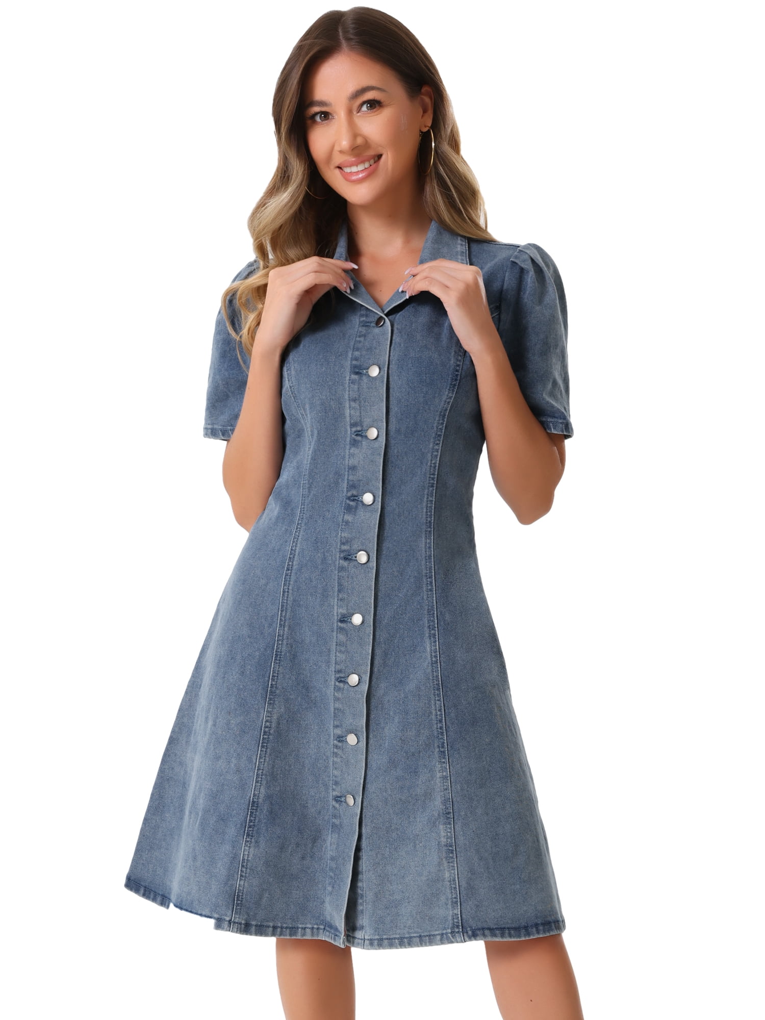 DARING DIVA Puff Sleeve Collared A-Line Dress S Grey Blue