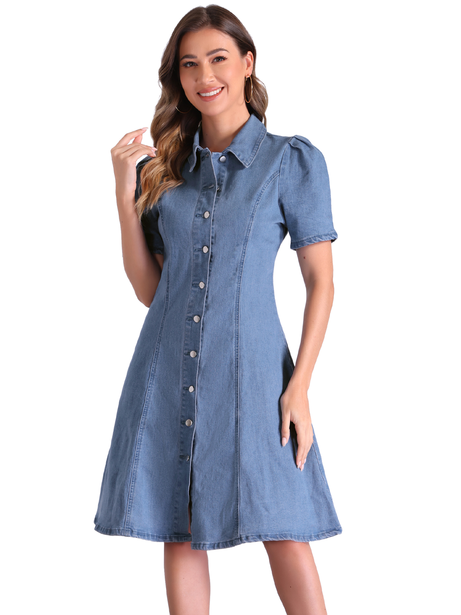 DARING DIVA Puff Sleeve Collared A-Line Dress S Light Blue