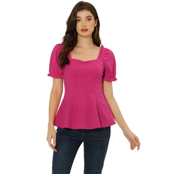 DARING DIVA Puff Sleeve Elegant Ruffle Peplum Blouse S Hot Pink