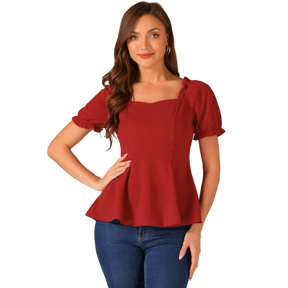 DARING DIVA Puff Sleeve Elegant Ruffle Peplum Blouse S Red