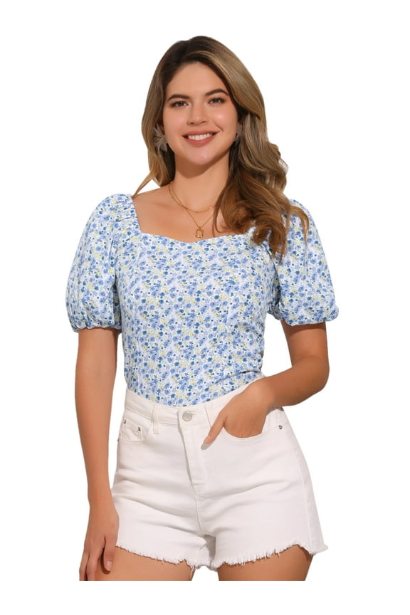 Puff Sleeve Smocked Floral Top XS White Blue