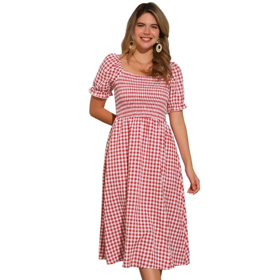 DARING DIVA Puff Sleeve Square Neck Gingham Dress XS Red