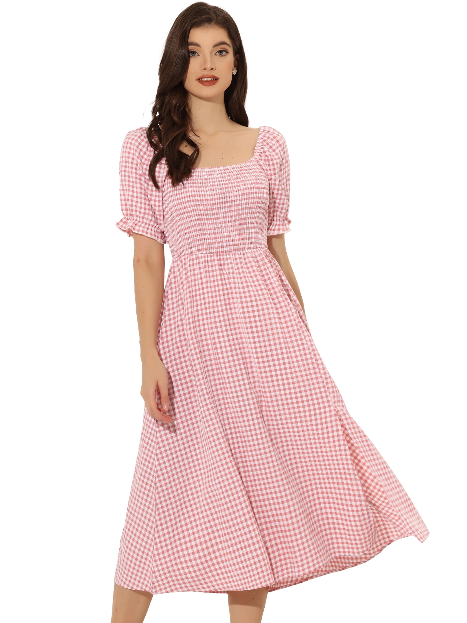 DARING DIVA Puff Sleeve Square Neck Gingham Dress XS Watermelon Pink