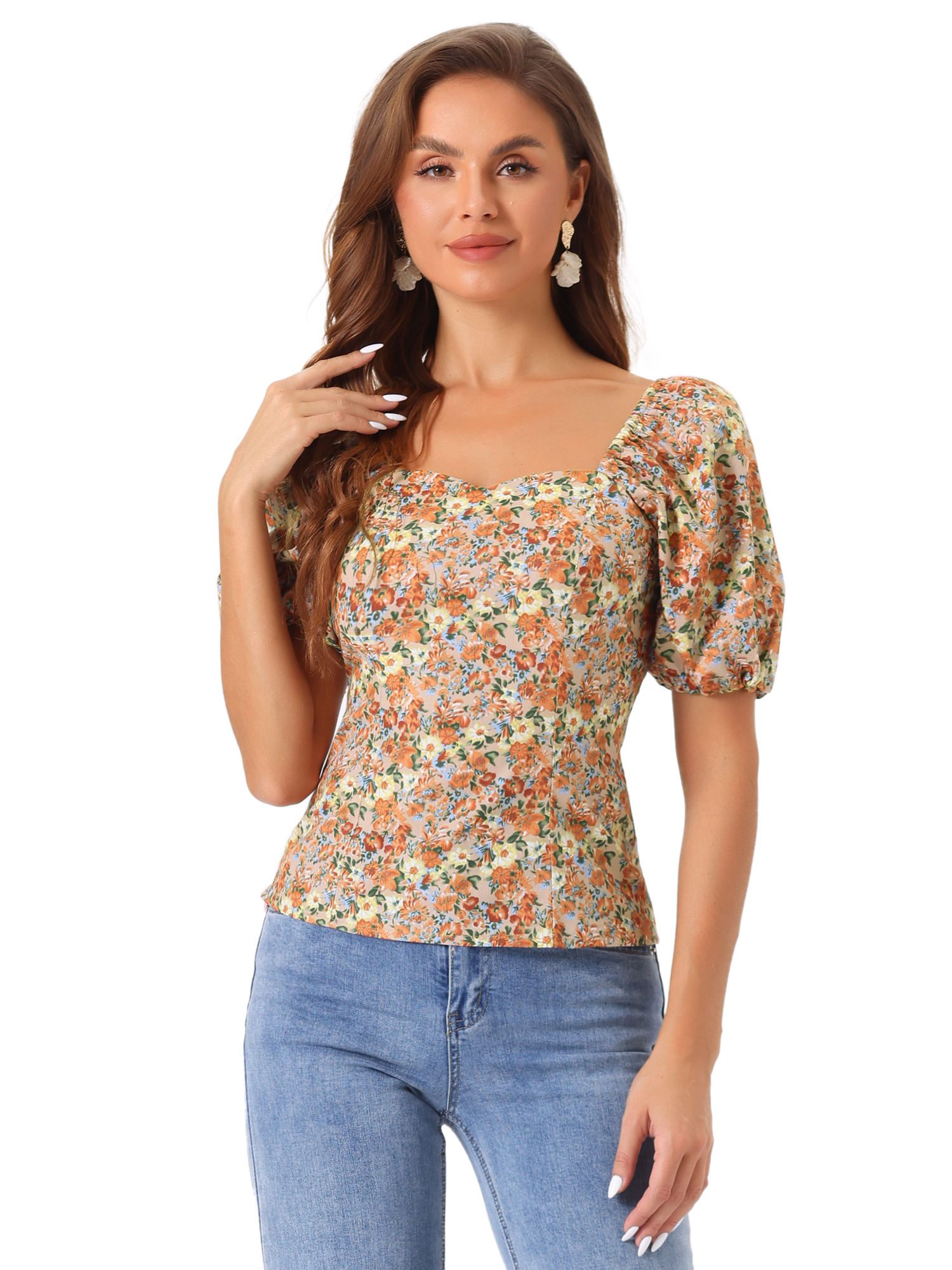 DARING DIVA Puff Sleeve Sweetheart Neck Smocked Floral Top L Orange Brown