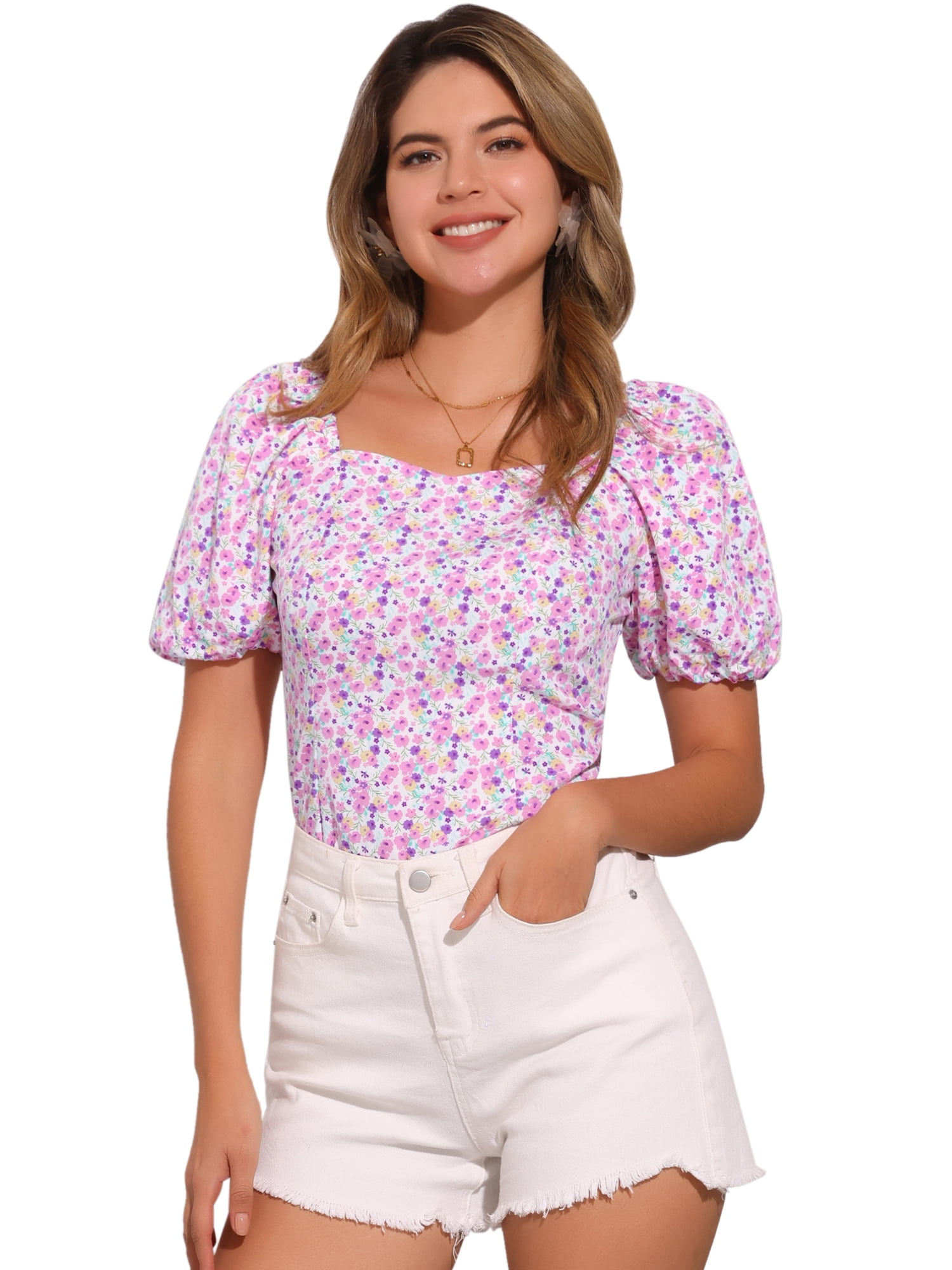 DARING DIVA Puff Sleeve Sweetheart Neck Smocked Floral Top L White Purple
