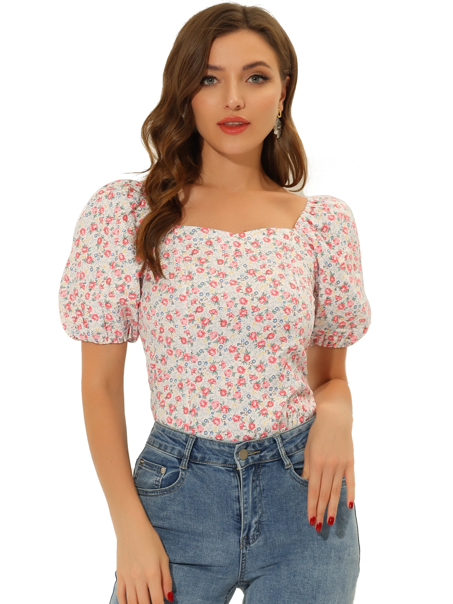 DARING DIVA Puff Sleeve Sweetheart Neck Smocked Floral Top L White Red