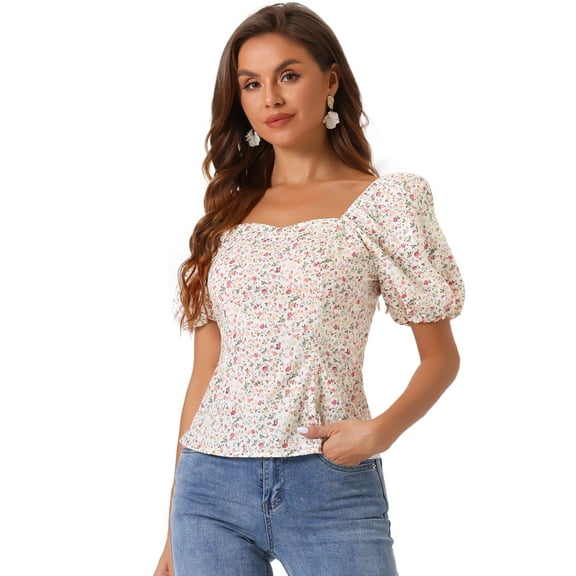 DARING DIVA Puff Sleeve Sweetheart Neck Smocked Floral Top L White Yellow