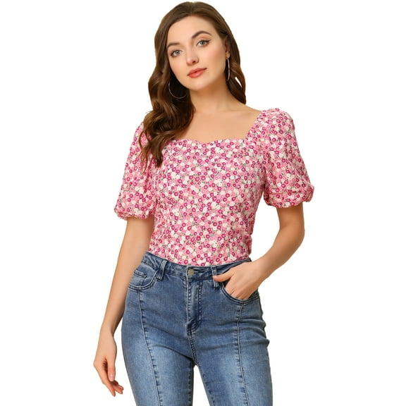 DARING DIVA Puff Sleeve Sweetheart Neck Smocked Floral Top M Pink