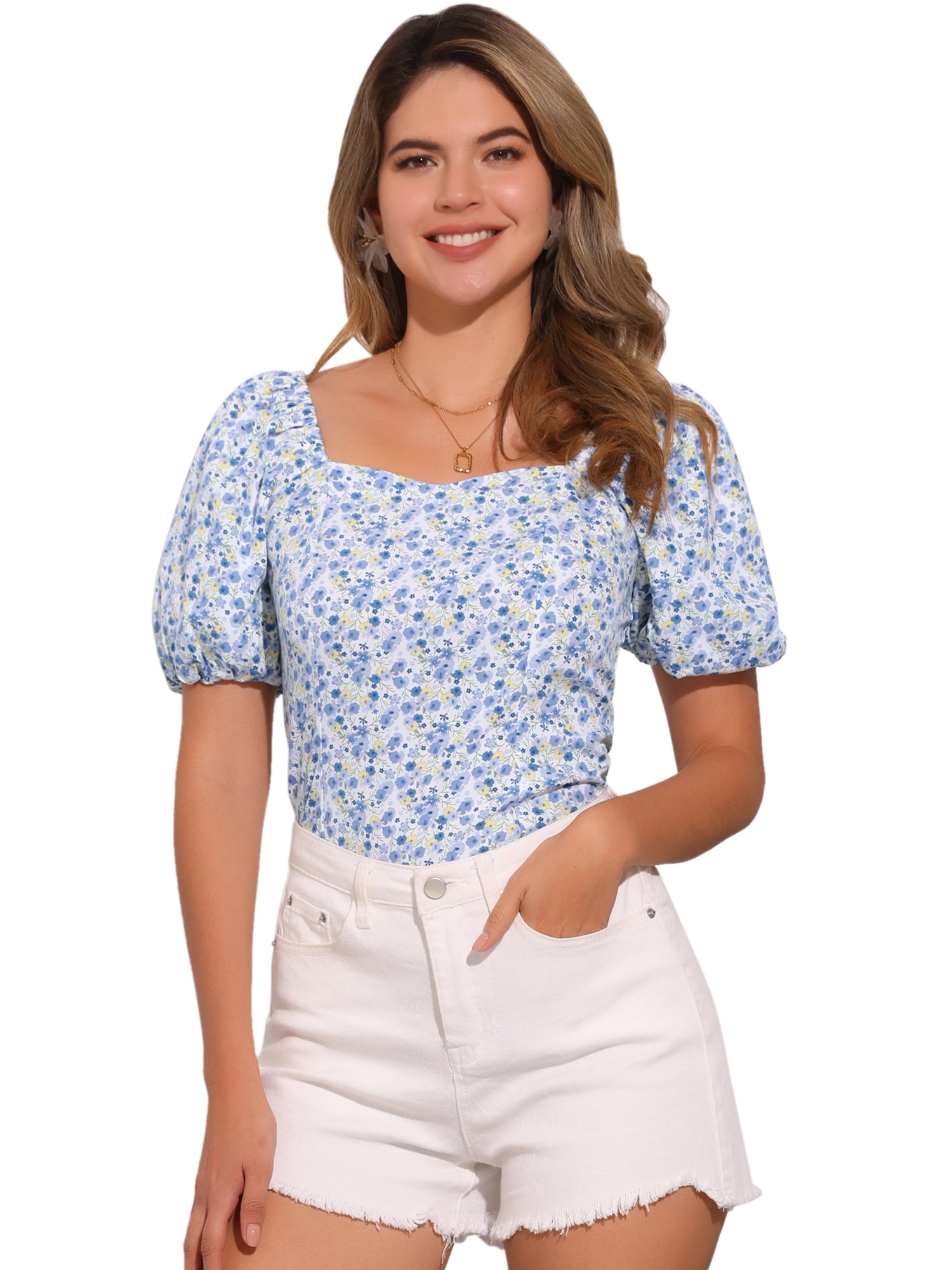 DARING DIVA Puff Sleeve Sweetheart Neck Smocked Floral Top M White Blue