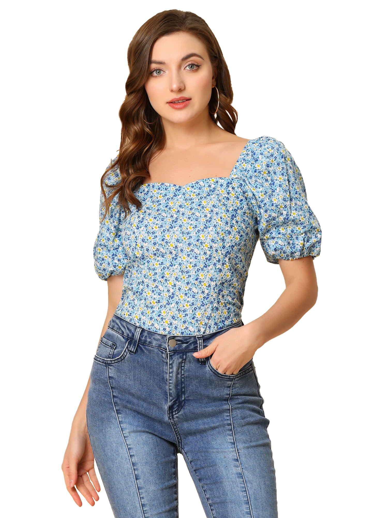DARING DIVA Puff Sleeve Sweetheart Neck Smocked Floral Top S Blue