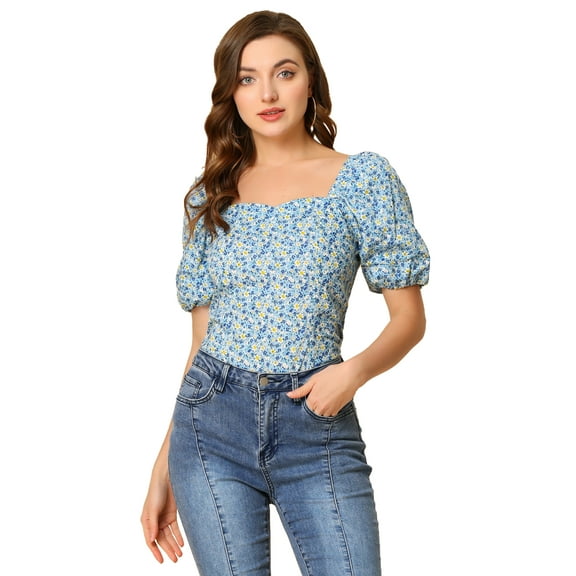 DARING DIVA Puff Sleeve Sweetheart Neck Smocked Floral Top S Blue