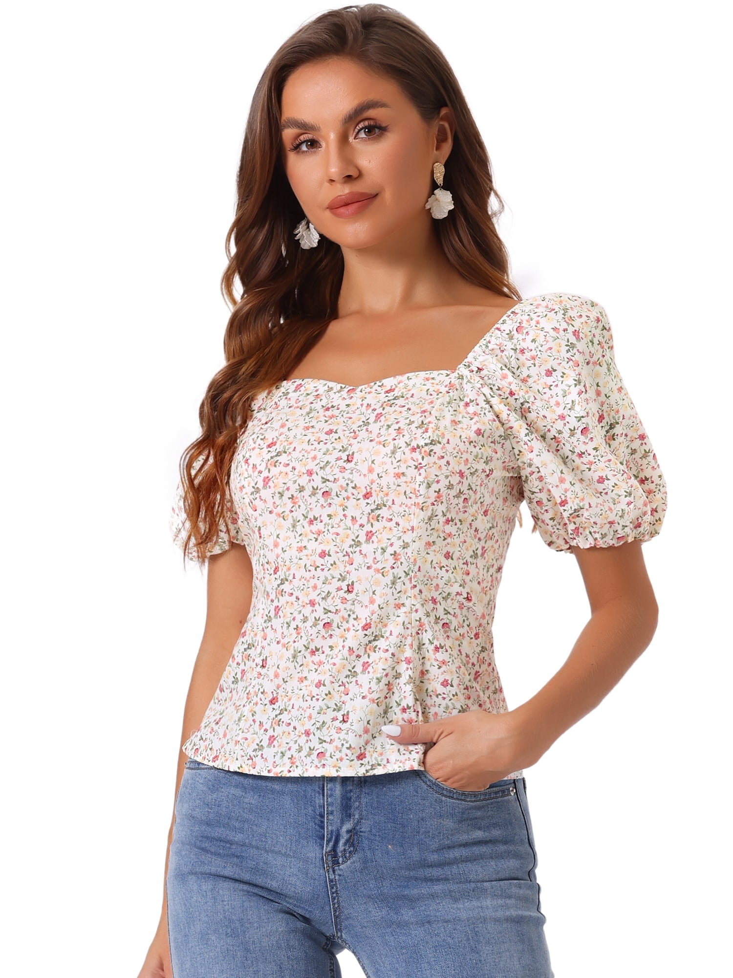 DARING DIVA Puff Sleeve Sweetheart Neck Smocked Floral Top S White Yellow
