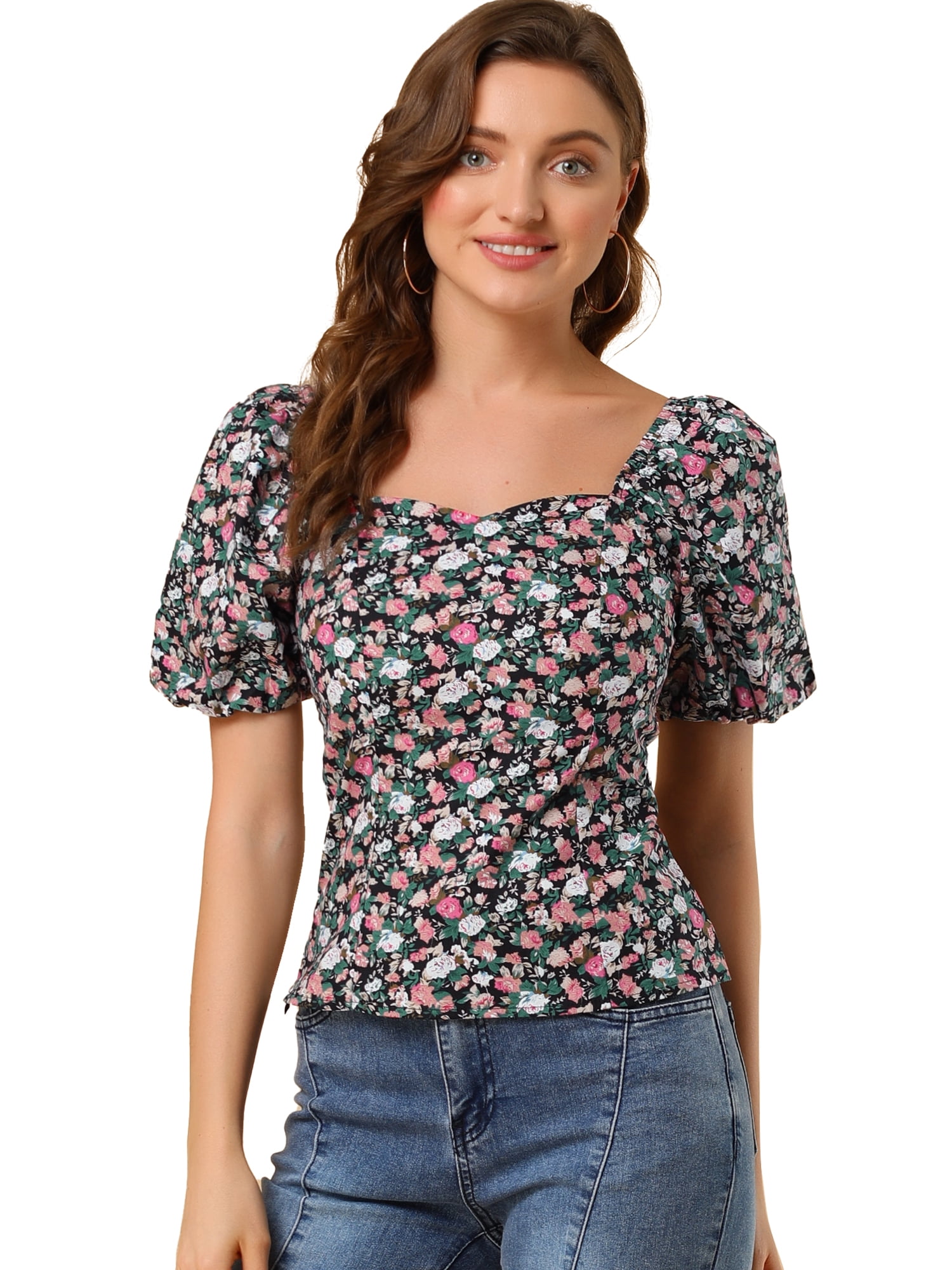 DARING DIVA Puff Sleeve Sweetheart Neck Smocked Floral Top XL Black