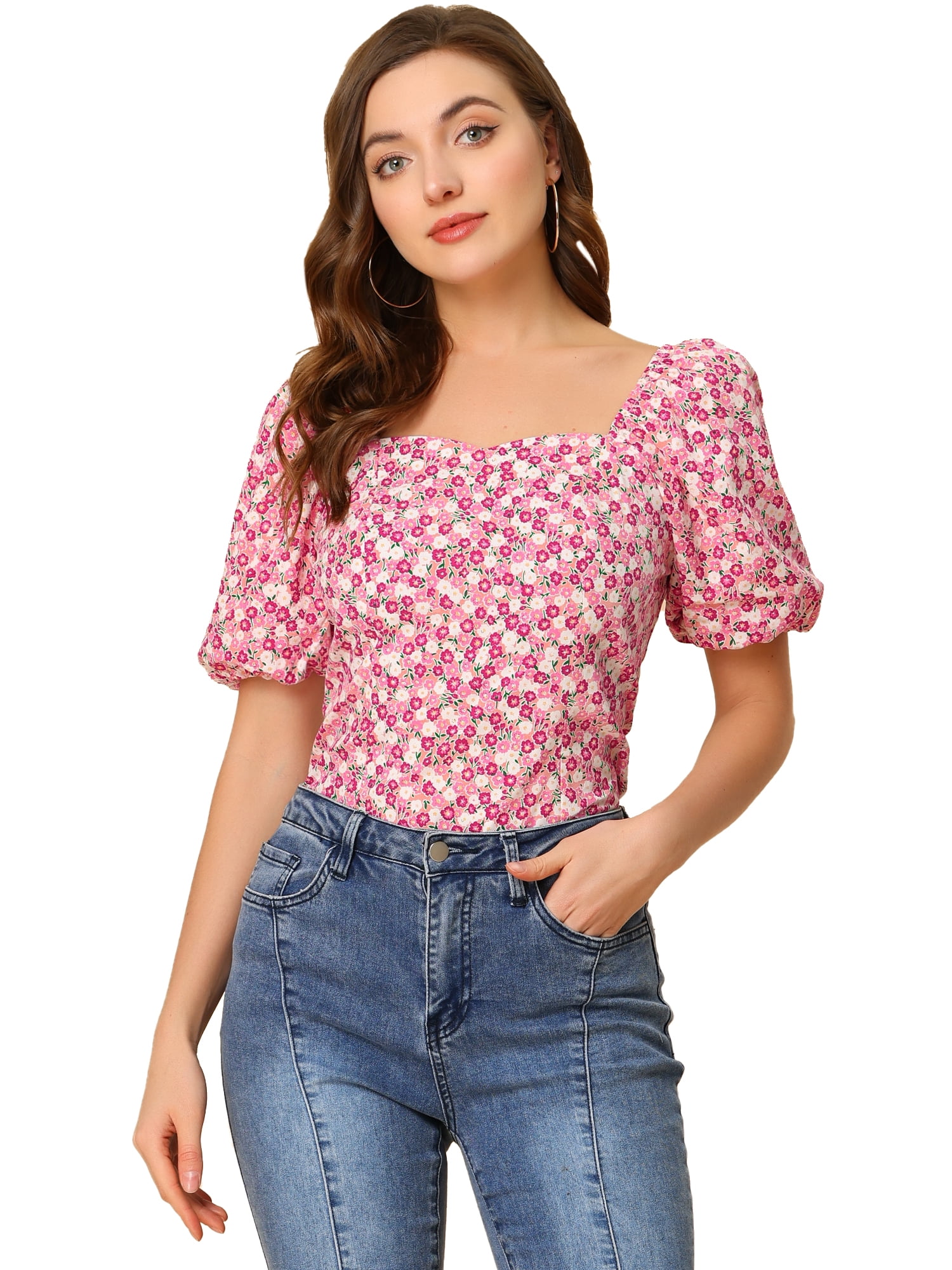 DARING DIVA Puff Sleeve Sweetheart Neck Smocked Floral Top XL Pink