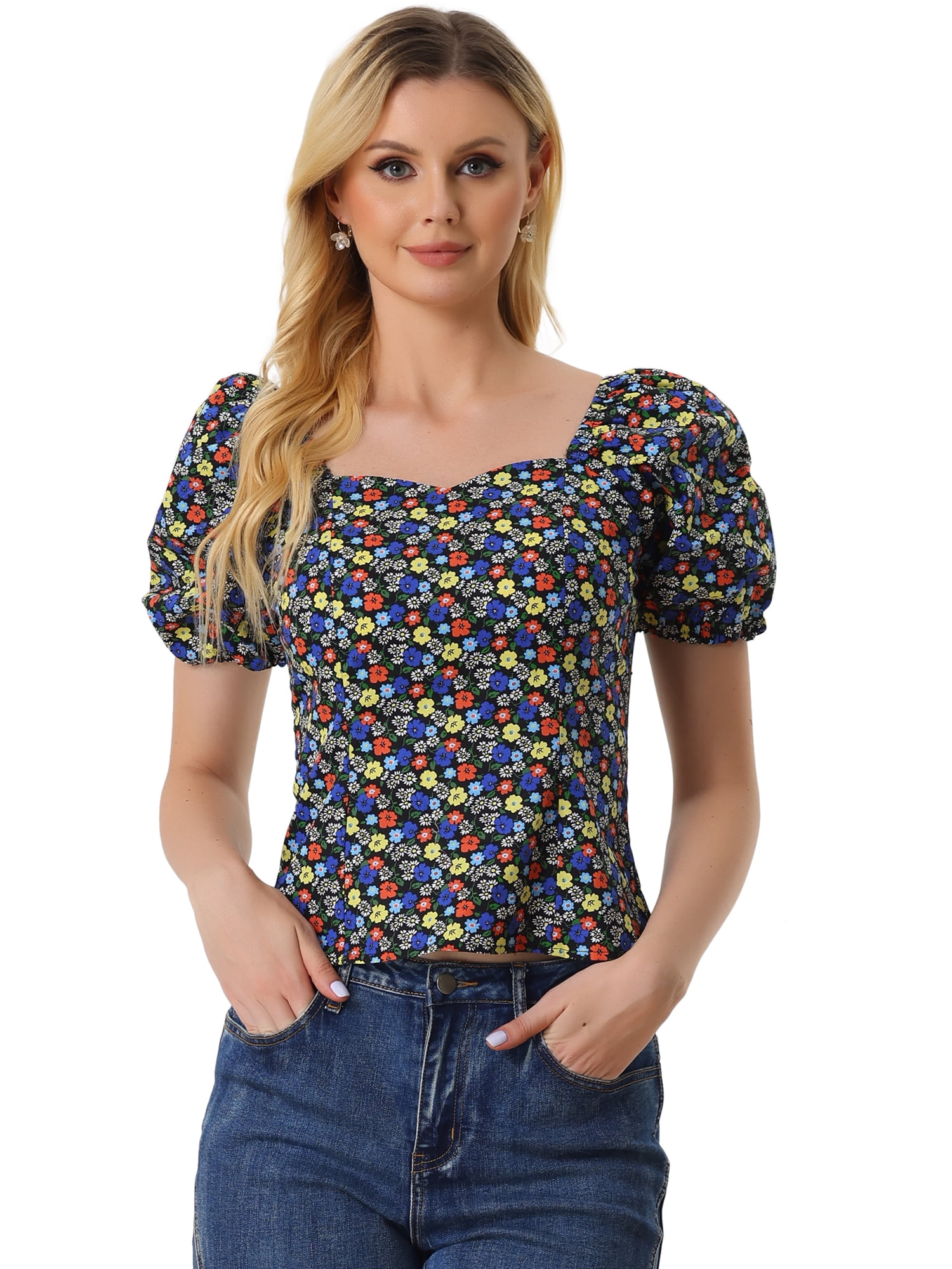 DARING DIVA Puff Sleeve Sweetheart Neck Smocked Floral Top XS Black Red