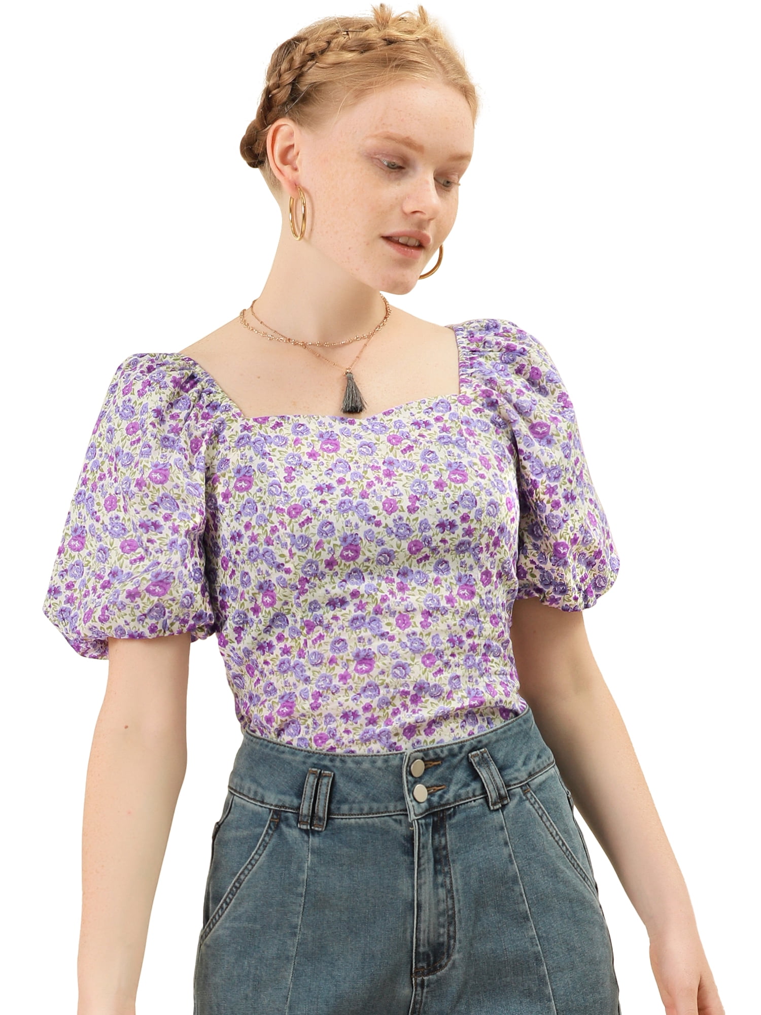 DARING DIVA Puff Sleeve Sweetheart Neck Smocked Floral Top XS Purple