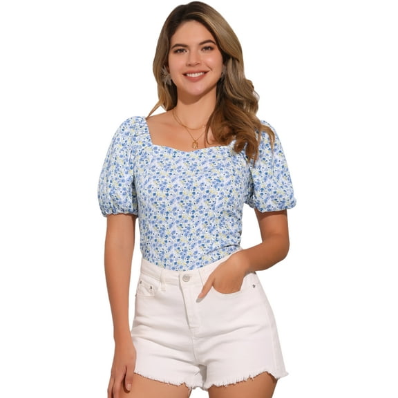 DARING DIVA Puff Sleeve Sweetheart Neck Smocked Floral Top XS White Blue