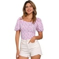 thumbnail image 1 of DARING DIVA Puff Sleeve Sweetheart Neck Smocked Floral Top XS White Purple, 1 of 6